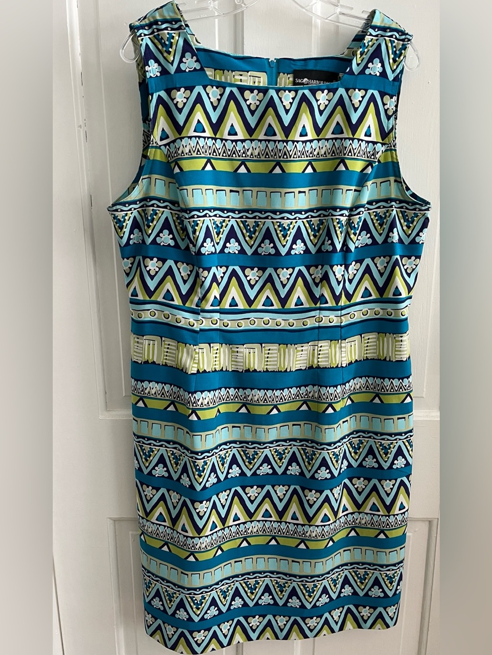 Sag Harbor Dress size 14 sleeveless squared neckline Teal print